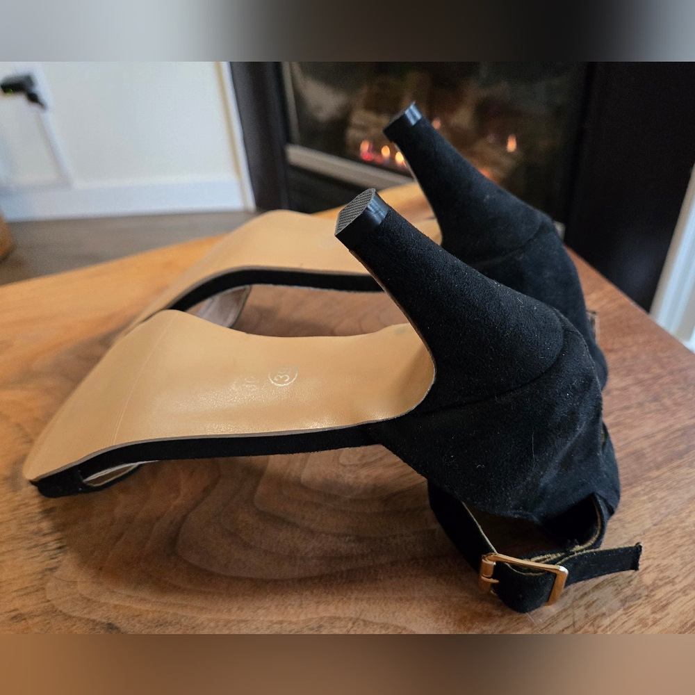DONATED - Black Velvet Open Toe Sandals with 3" Heels and Adjustable Ankle Strap - Picture 7 of 11